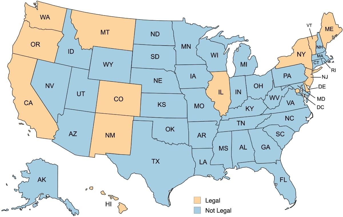 A map of the United States indicating that PAD is available in California, Colorado, Delaware, Hawaii, Illinois, Maine, Montana, New Jersey, New Mexico, New York, Oregon, Vermont, Washington states, Washington, DC.